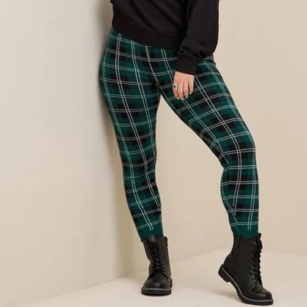 Torrid 2X Leggings Sweater Knit Jacquard Green Plaid Plus Size Mid Rise Pants